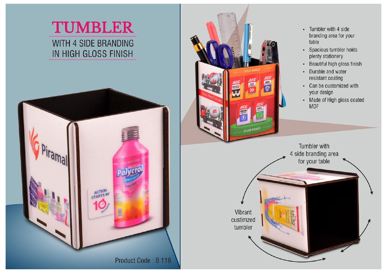 Tumbler with 4 side branding in high gloss finish