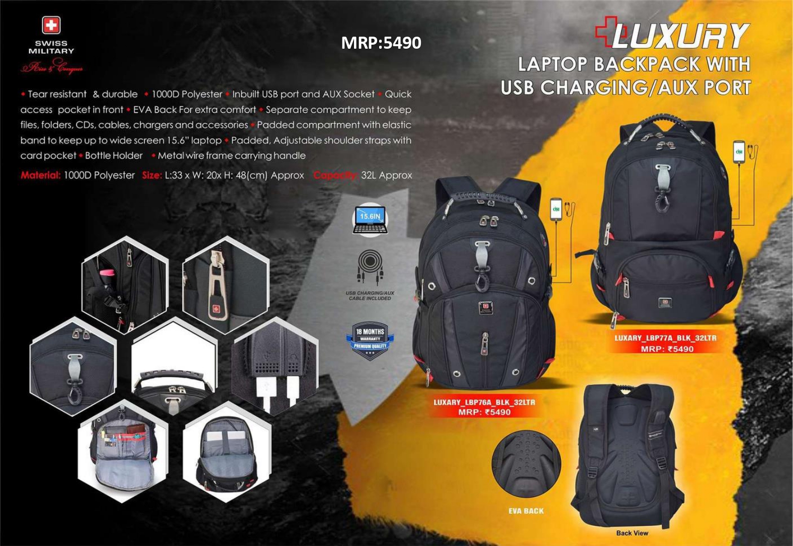 SWISS MILITARY LUXURY Laptop Backpack With AUX PORT