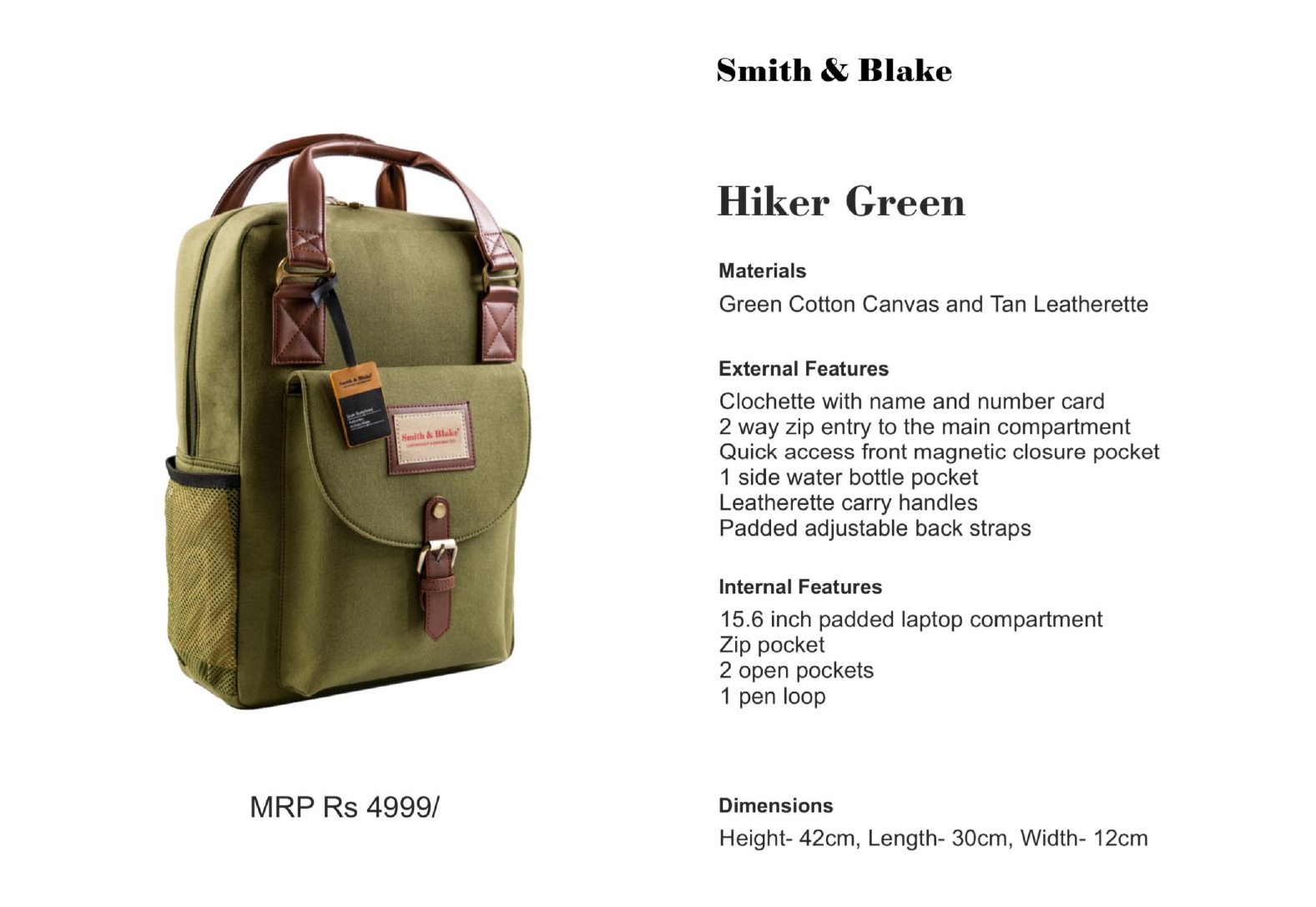 SMITH & BLAKE  Hiker Green Laptop Backpack