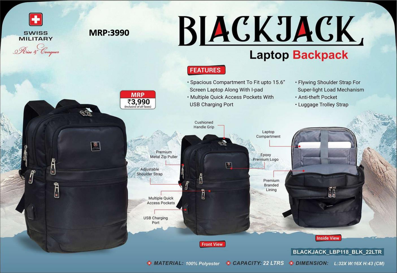 SWISS MILITARY BlackJack Laptop Backpack