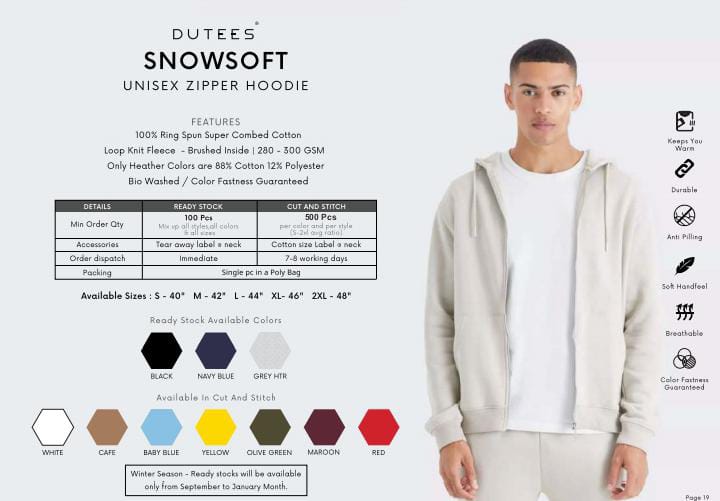 DUTEES SNOWSOFT UNISEX ZIPPER HOODIE