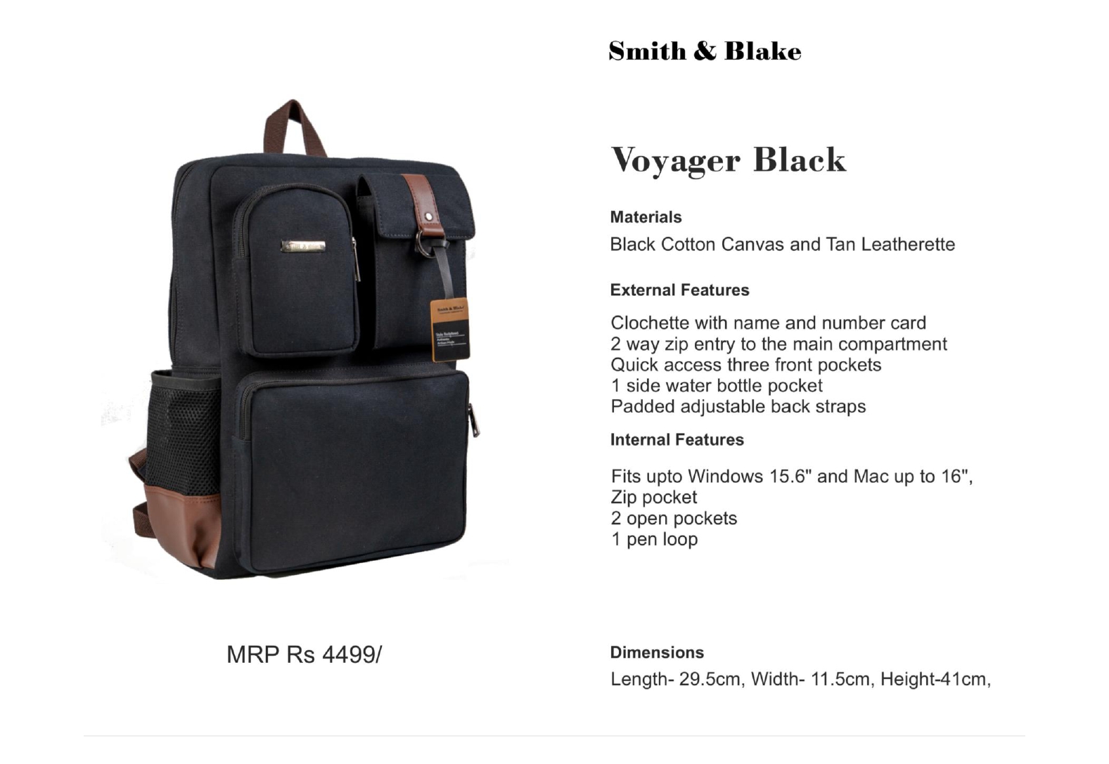 SMITH & BLAKE Voyager Black Laptop Backpack
