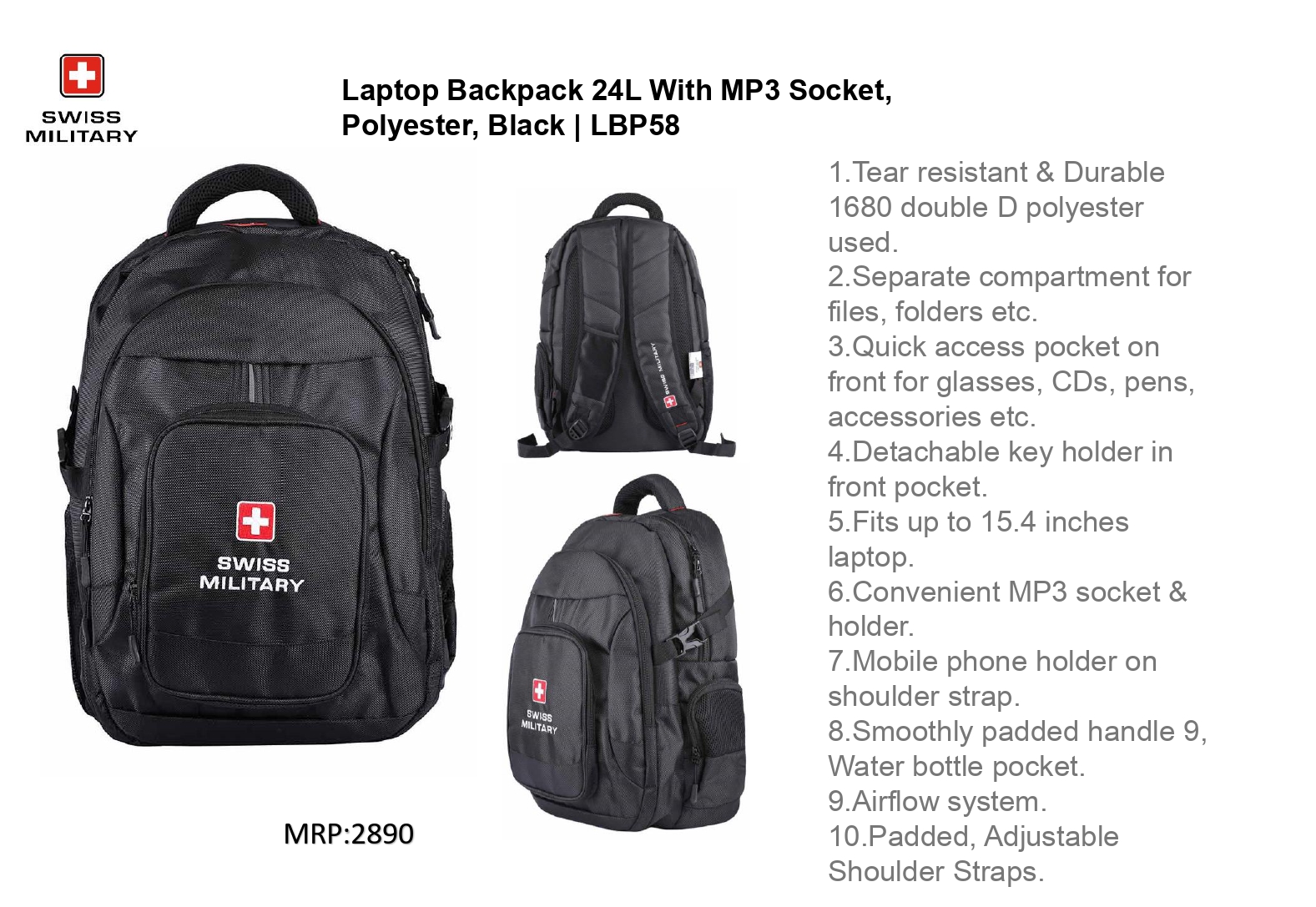 SWISS MILITARY Laptop Backpack 24L With MP3 Socket, Polyester Bag