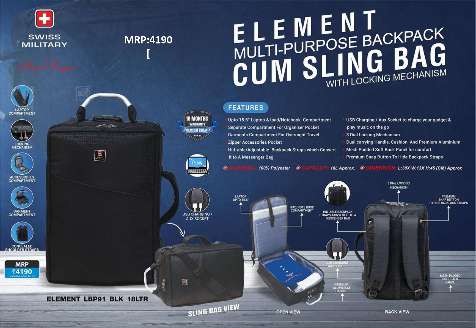 SWISS MILITARY ELEMENT Multi-Purpose Backpack CUM Sling Bag