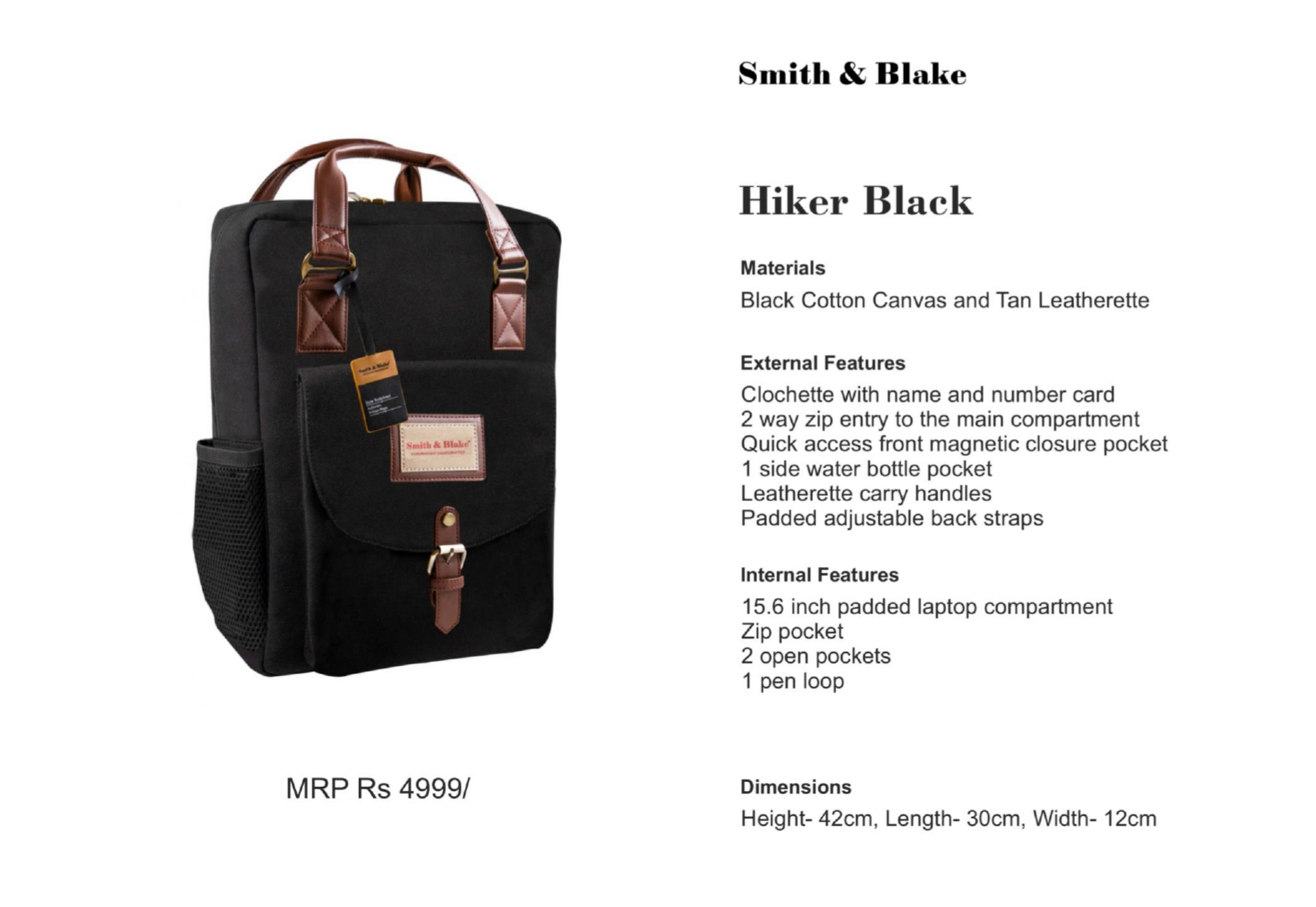 SMITH & BLAKE Hiker Black Laptop Backpack